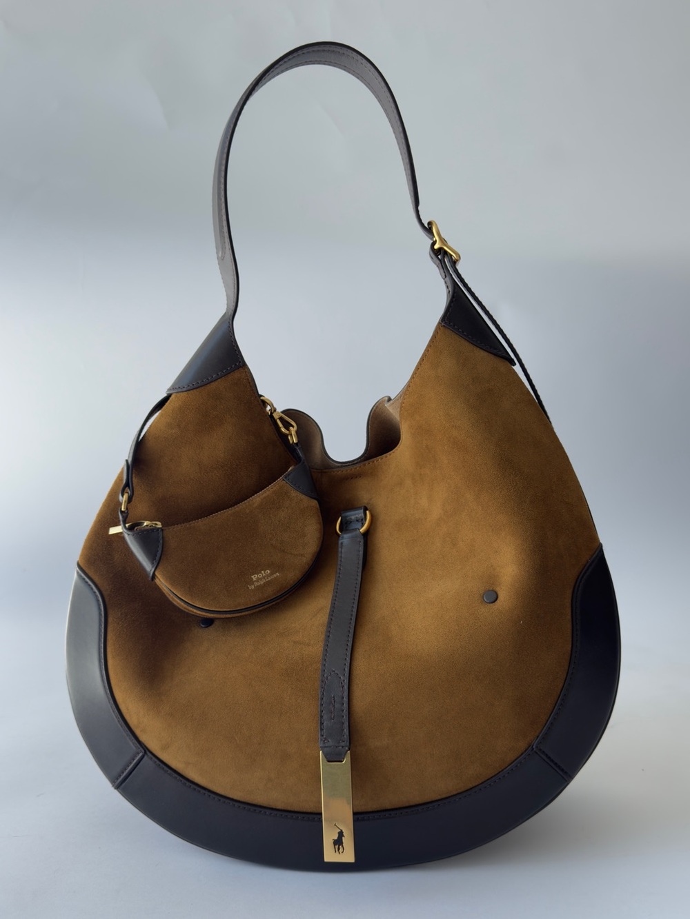 Ralph Lauren Tan Suede Hobo Shoulder Bag with Dark Leather Trim